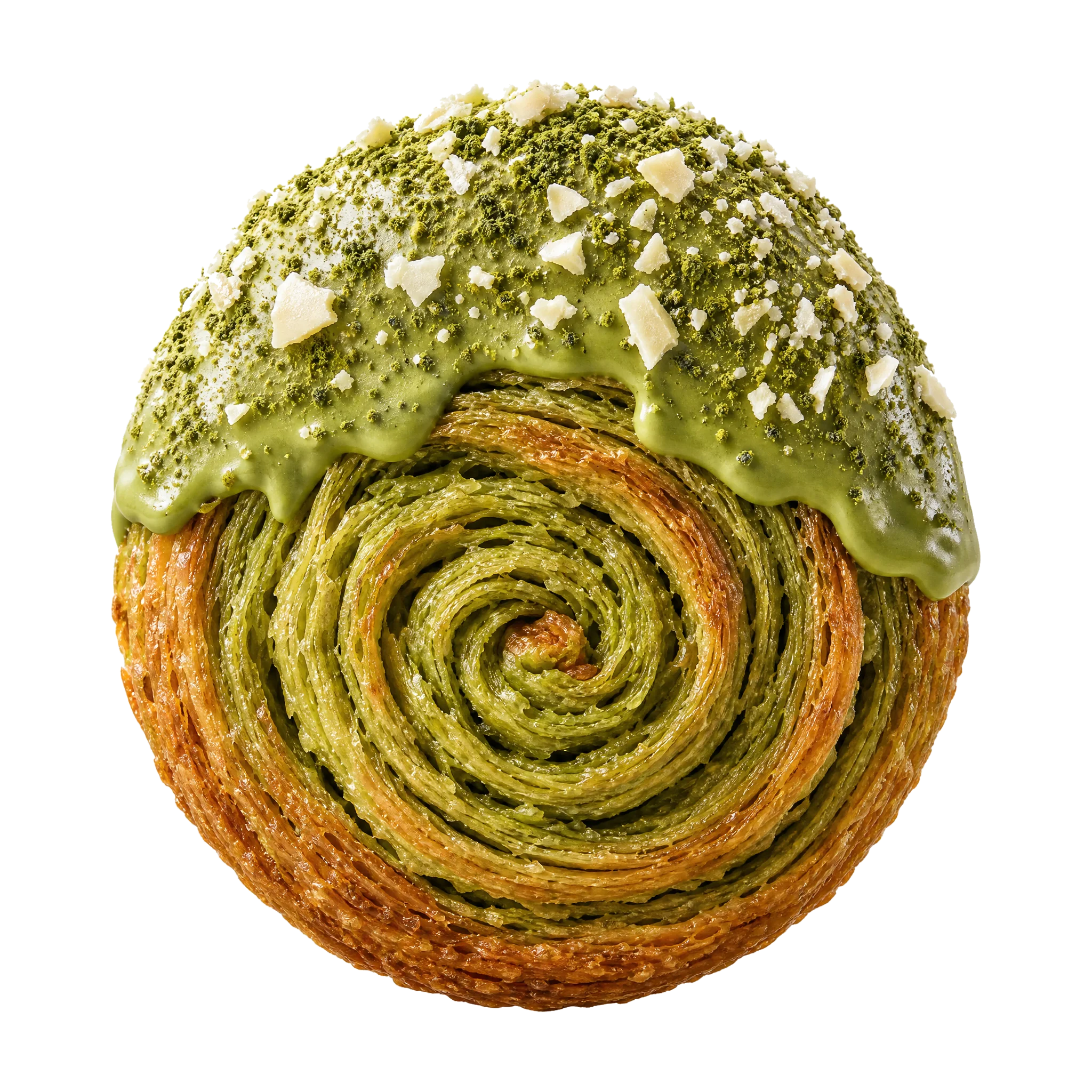 Espiral de hojaldre verde con crema de matcha y chocolate blanco