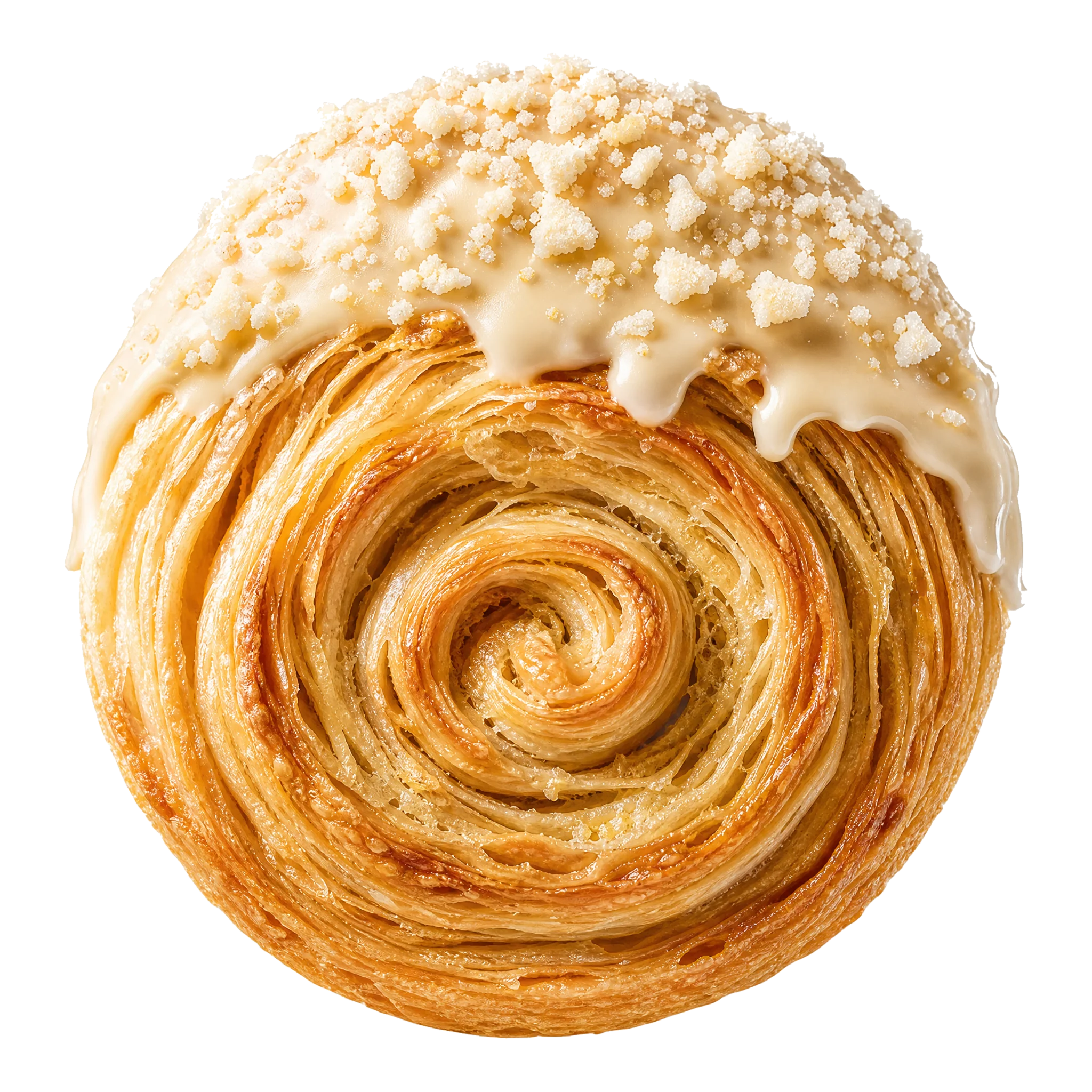 Espiral de hojaldre dorado con glaseado de vainilla y azúcar