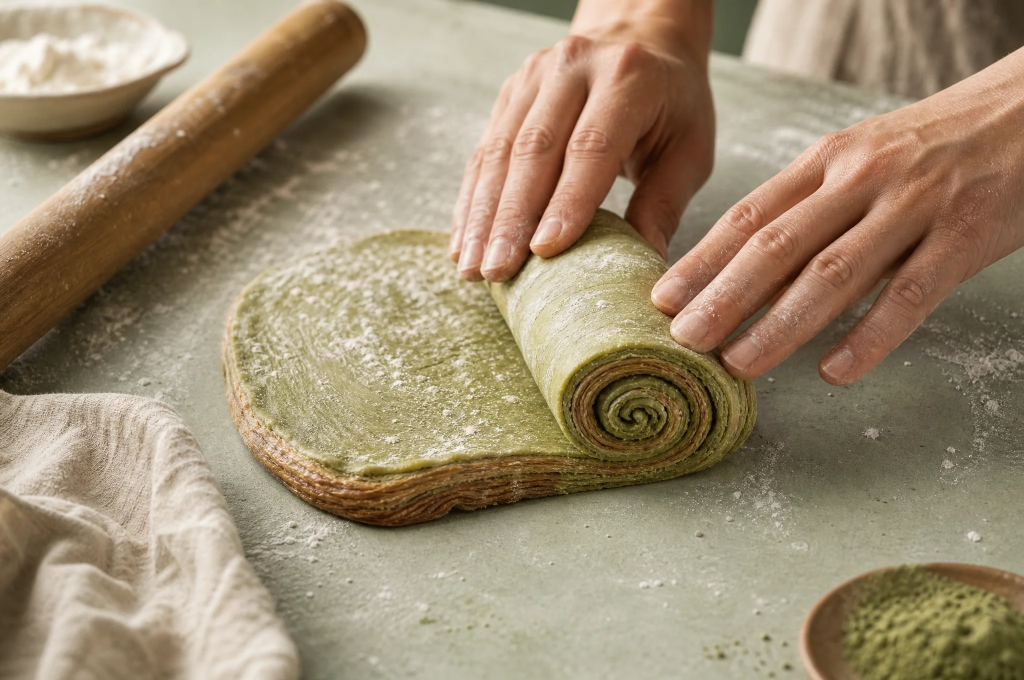 Manos dando forma a una espiral de masa de matcha sobre una mesa de trabajo salvia