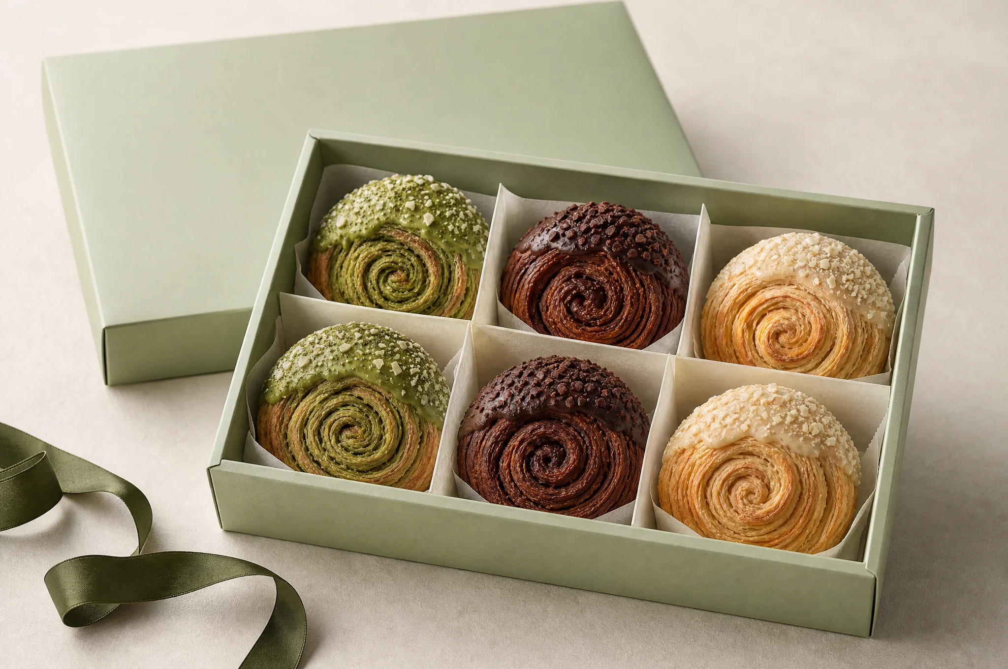 Caja verde salvia con seis hojaldres de matcha, cacao y vainilla