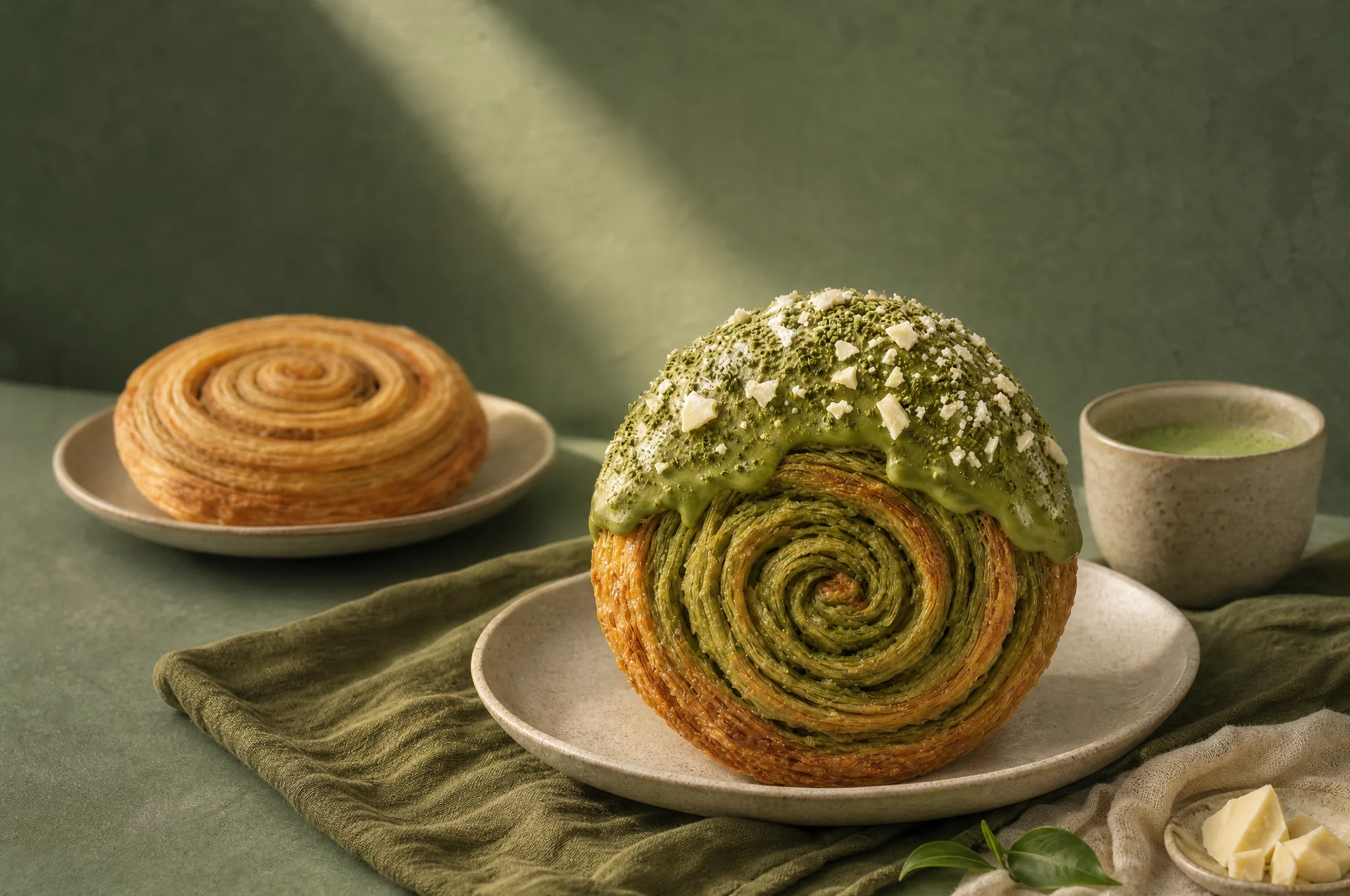 Hojaldres de matcha y vainilla con una taza de té sobre cerámica y lino